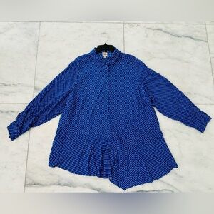 Como Vintage Button Up Top Polka Dot Blue White Asymmetrical Long Sleeve 2X Art